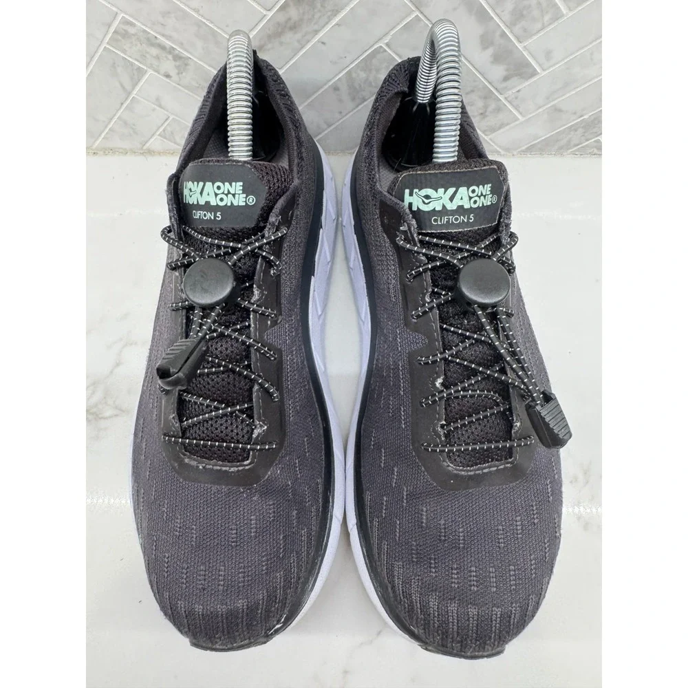 Hoka One One Clifton 5 Knit Running Shoes Womens Size 8 Black White Sneakers